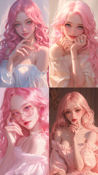 粉红发女孩摆姿势，大眼睛，钻戒，柔软长卷发，罗斯绘画风格，kawaii美学，粉红现实主义，正面构图，高饱和度，室内，人像镜头，柔和光线，微笑，优雅，梦幻。