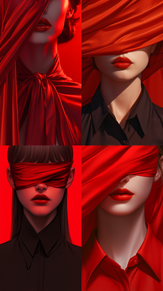 眼睛被红色丝绸覆盖的女子，时尚摄影师hedi slimane风格，红色织物背景，抽象构图，光滑口红，高对比度，红色调，特写镜头，柔和侧光，优雅，神秘。