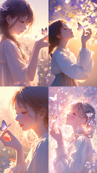 女孩与蝴蝶，手部轻触，梦幻场景，柔美光线，粉色调，超高清，微距镜头，逆光，温柔表情，自然环境，轻盈动作，宁静氛围。