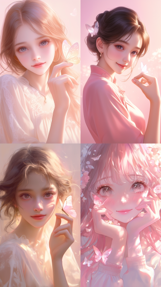 女孩与蝴蝶，手部动作，梦幻般，美丽光线，粉红色调，罗斯绘画风格，kawaii美学，粉红现实主义，正面构图，高饱和度，室内，人像镜头，柔和光线，微笑，优雅，梦幻，超高清图像，细腻肌肤，轻盈蝴蝶，温馨氛围，浪漫情调，艺术感，童话世界，柔和色彩，温馨场景，梦幻效果，优雅姿态。