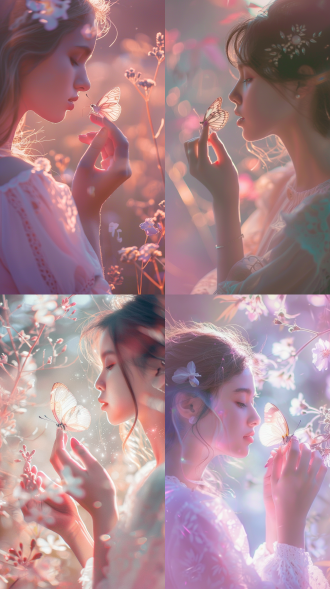 女孩与蝴蝶，手部轻触，梦幻场景，柔和光线，粉色调，宝丽来风格，超高清，微距镜头，逆光，温柔表情，自然元素，轻盈动作，宁静氛围。