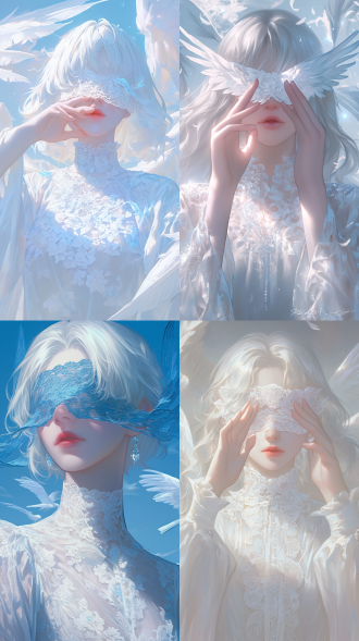 白发少女，苍白皮肤，优雅蕾丝衬衫，巨大淡蓝飞蛾翅膀，遮眼，超现实数字艺术，萧荣成风格，梦幻场景，柔和光线，细腻纹理，神秘氛围，冷色调，静态动作，沉思表情。