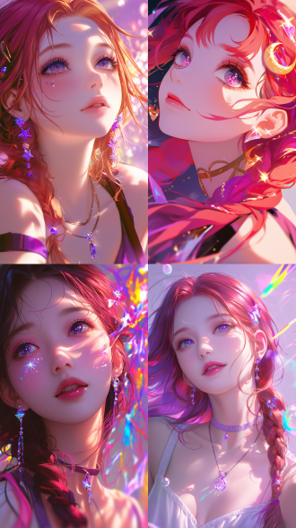 美丽的韩国女孩，45度斜向上看，红头发编成两根辫子，紫色月亮发夹，紫色吊带衫，月亮星星涂鸦，紫色眼睛，长紫色睫毛，紫色金属项链，吊坠耳环，半肖像特写，紫色钻石麦克风，紫色荧光棒，滑稽活泼表情，紫白金色调，手绘艺术风格，涂鸦艺术，街头艺术，模糊紫色泡泡背景，色彩鲜艳，45斜边角，仰视，超高清。