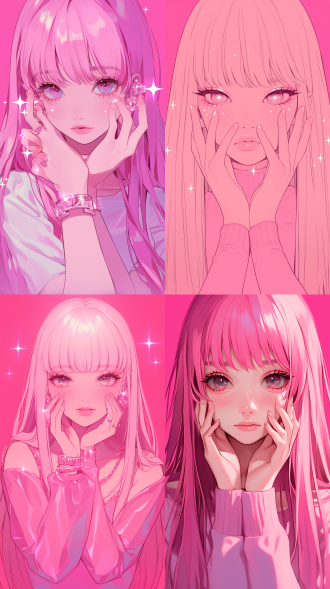 美丽的动漫女孩，长粉红直发，刘海，双手触脸，粉红背景，闪亮衣饰，y2k美学，川崎漫画，柔和灯光，柔和色彩，数字插图，特写肖像，卡通设计，高分辨率，粗线条，全身拍摄，低角度，平阴影，明亮粉红，详细面部，华丽美丽。