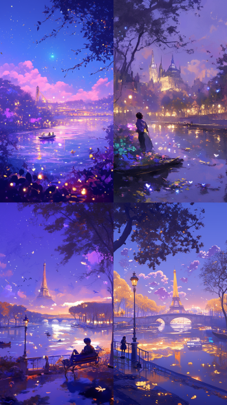 塞纳河夜景，湖面流萤，星空点点，花香树影，紫色主调，手绘涂鸦，奇域风格，细腻笔触，柔和光线，梦幻氛围，宁静美感。紫色主调，手绘涂鸦，奇域风格，细腻笔触，柔和光线，梦幻氛围，宁静美感。