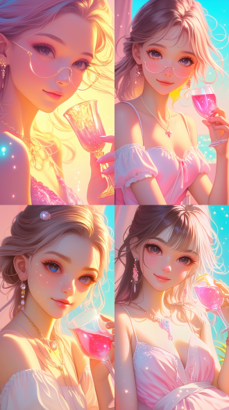 美丽少女手持水晶杯，粉色调，柔和光线，室内环境，长焦镜头，浅景深，优雅姿态，微笑表情，浪漫氛围。