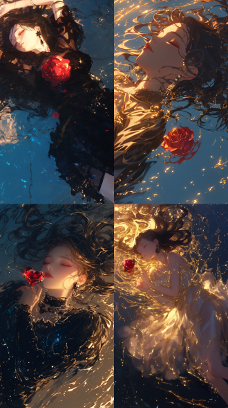 俯视视角，女人水下躺，黑色长发，微闭双眸，长睫毛，黑色耳钻，手拿红玫瑰，金色水波纹，飞溅水花，细碎金色光，光效，长发飘散，柔美睫毛，心碎美感，浪漫神秘氛围，蓝色水面背景，插画，手绘风格，高清晰度。