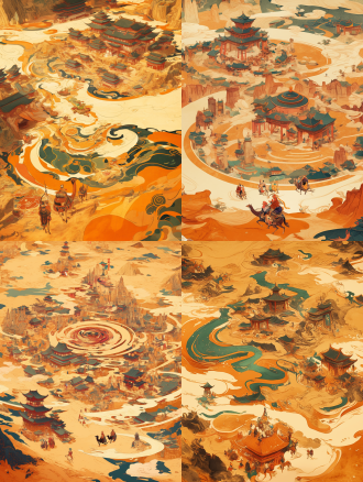 超现实主义的插画，中国艺术风格的游戏场景，鸟瞰图，以古老的寺庙为特色，浅橙色和金色的微型人物孙悟空和骆驼商队行走，地图中央的沙漠波浪和金色的沙丘，超现实主义的幻想，戈壁的微缩模型，敦煌莫高窟的配色方案，画中巨大的漩涡被层层叠叠的金沙山环绕，有五彩斑斓的祥云，层层起伏的山丘，整个场景，浅棕色、中国红、绿黄色、米色、红棕色的螺旋图案，饱和度高，荧光色彩丰富，特色水彩，白云，空灵，色彩涟漪漫射，色彩丰富漫射，极细的笔触，记号笔着色，版画风格，丰富的色彩，超细腻，uhd，16k