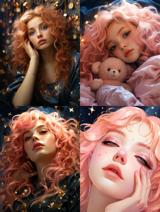 a close-up of the face of a beautiful girl with pink hair and blonde eyes. long eyelashes, golden stars decorate her eyelids, and her lips have a faint blush. her hands touch her face, her fingers are slender, and she has a beautiful long manicure. soft and soft colors are used with surreal portrait styles and fantasy illustrations. the ethereal background provides a lovely cartoon design, baodada. which softly lights up the dreamlike. digital art technology shows detailed strokes in high resolution in the style of a fantasy illustrator.