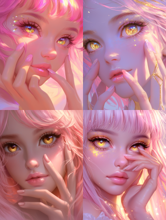一个长着粉红色头发和金色眼睛的漂亮女孩的特写镜头。长长的睫毛，嘴唇微微泛红。她的手摸着脸，手指修长，修了一条漂亮的长指甲。柔和的颜色与超现实的肖像风格和幻想插图一起使用。空灵的背景提供了一个可爱的卡通设计，幻想插画家的风格以高分辨率显示详细的笔触。