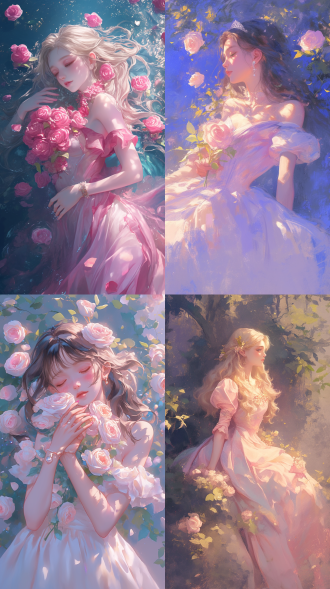 官方艺术，单位32k壁纸，可爱的女孩在粉红色的公主裙，拿着很多玫瑰，摄影肖像，摄影艺术，1个女孩，树叶，斑驳的光，穿过树叶的光，来自月亮的冷蓝光，凉爽的夏天，蓝色调，高清