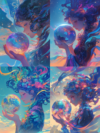 一个女孩拿着一个彩虹色的水晶球，她的头发由星云和星系组成，空灵的詹姆斯·简和阿蒂·加兰风格的油画，发光的生物，星空背景，柔和的色彩，动画美学，神秘的浪漫气氛