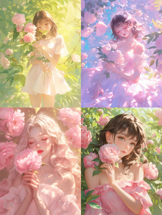 官方艺术，单位32k壁纸，可爱的女孩在粉红色的公主裙，拿着很多芍药花，摄影肖像，摄影艺术，1个女孩，树叶，斑驳的光，穿过树叶的光，来自月亮的冷白光，凉爽的夏天，粉白色调，高清