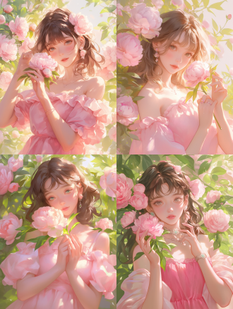 官方艺术，单位32k壁纸，可爱的女孩在粉红色的公主裙，拿着很多芍药花，摄影肖像，摄影艺术，1个女孩，树叶，斑驳的光，穿过树叶的光，来自月亮的冷白光，凉爽的夏天，粉白色调，高清
