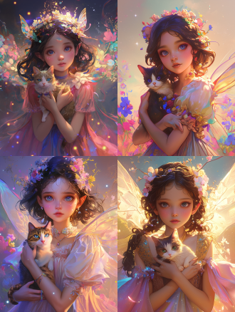 一个大眼睛的小精灵女孩穿着一身公主服，四周被鲜花环绕。营造出一种马戏团的氛围。黑头发蓝眼睛，强烈的感光性，、柔和的灯光，真实的图像，手里抱只橘猫，闪烁的光芒，明亮的色彩，明亮的颜色
