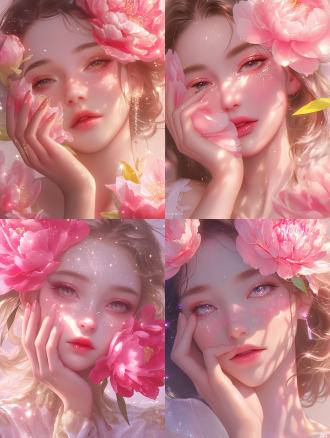 她头顶着粉色牡丹花，闪耀着绚丽的光芒，一手捧花，轻抚脸颊，眼中充满了闪烁的星辰、数字艺术风格、柔和的灯光，特写肖像，超细节，超现实8k