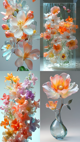 玻璃质感花卉，中心构图，微距镜头，温室环境，冷调逆光，花卉晶莹剔透，画面清新宁静。