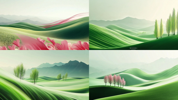 春天田野，三分法构图，暖绿主调清新色调，长焦镜头逆光，微风拂作物远景，生机勃勃有希望，暖光。