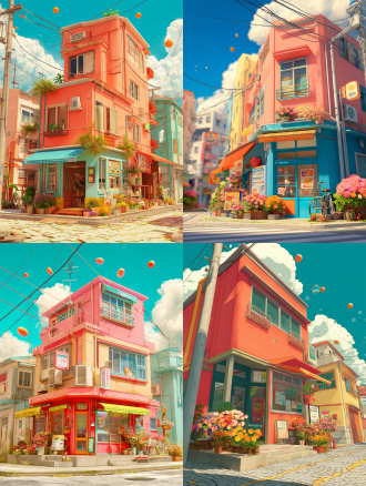 3d动漫风格，彩色城市，粉彩建筑，街角咖啡店，主体鱼丸猫，红橙天空，未来设计元素，花店前美丽花朵，软焦点，晴天，云朵，房屋上空小飞行球，鲜艳色彩，阳光穿透云层，超现实渲染，高细节插图，建筑摄影风格，真实照片效果。