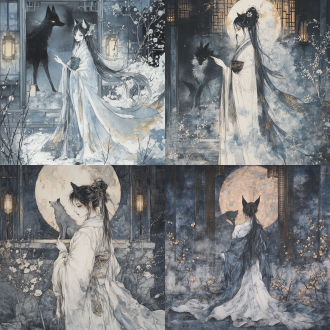 病娇狐妖立于枯梅残雪庭院，青丝高绾，月白广袖裙，指尖狐火，身后虚影狐影，水墨背景，冷月烛火交织，工笔绢本，青灰缀朱砂金，妖异光影。