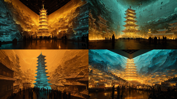 3米层高20平方形沉浸式空间，雷峰塔倒塌古城坍塌，暖金色调，古风画卷质感，超现实风格，全景镜头，逆光，震撼。