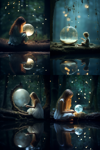 童年回忆，月亮如白玉盘，瑶台仙镜悬浮夜空，青云之上，梦幻场景，柔和光线，长焦镜头，低对比度，冷色调，宁静，神秘。