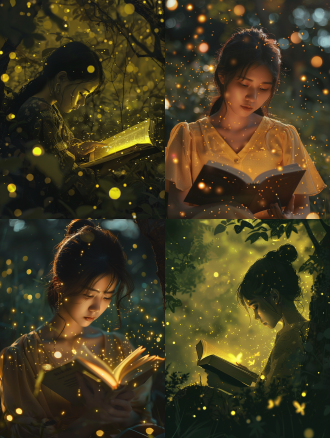胤夜以萤火照书，三分构图，暗环境，暖黄调，长焦镜头，逆光，静态，专注，囊萤、书，勤奋。
