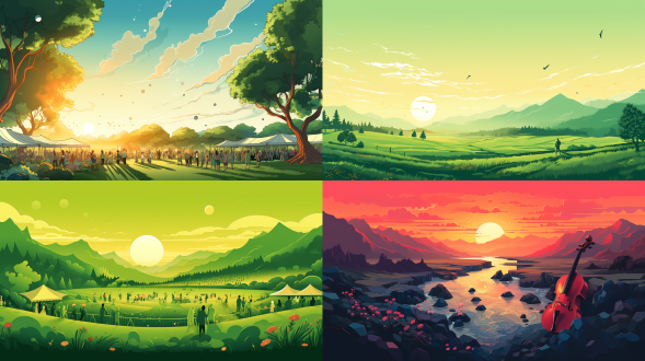 扁平化风格插画，山水田园风光，音乐节元素，落日余晖，绿色调，明亮色调，1/3画面留白，简约线条描绘，色彩统一，清新自然，扁平化设计，高饱和色彩，欢乐氛围，现代感，平面构图。