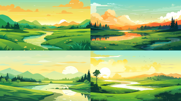 扁平化风格插画，山水田园风光，大草坪，小池塘，音乐元素，落日余晖，绿色调，明亮色调，1/3画面留白，简约线条描绘，色彩统一，清新自然，扁平化设计，高饱和色彩，现代感，平面构图，扁平化，绿色，明亮，简约，统一，清新，高饱和，现代，平面。