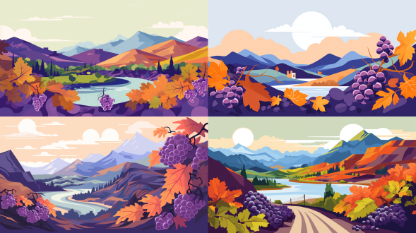 扁平化风格插画，秋日风光，紫色葡萄，金秋采摘，自驾，山水，橙色调，明亮色调，1/3画面留白，简约线条描绘，色彩统一，清新自然，扁平化设计，高饱和色彩，现代感，平面构图，扁平化，绿色，明亮，简约，统一，清新，高饱和，现代，平面。