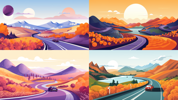 扁平化风格插画，北京延庆，自驾，小车曲折路，长城，世园公园，冬奥，远山秋水，紫色葡萄，金秋采摘，橙色调，明亮色调，1/3画面留白，简约线条，色彩统一，清新自然，扁平化设计，高饱和色彩，现代感，平面构图，扁平化，绿色，明亮，简约，统一，清新，高饱和，现代，平面。