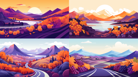 扁平化风格插画，北京延庆，自驾，小车曲折路，长城，世园公园，冬奥，远山秋水，紫色葡萄，金秋采摘，橙色调，1/3画面留白，简约线条，色彩统一，简约，高饱和，现代，平面，橙色为主，紫色点缀，简约风格，平面设计，高饱和度，现代感，自驾旅行，秋日风光，葡萄园，长城背景，世园公园，冬奥元素，远山秋水，金秋采摘，曲折道路，小车行驶，留白空间，色彩协调，线条简洁，视觉焦点，情感宁静。