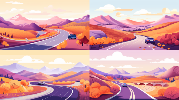 扁平化风格插画，北京延庆，自驾，小车曲折路，长城，世园公园，冬奥，远山秋水，紫色葡萄，金秋采摘，橙色调，明亮色调，1/3画面留白，简约线条，色彩统一，清新自然，扁平化设计，高饱和色彩，现代感，平面构图，扁平化，绿色，明亮，简约，统一，清新，高饱和，现代，平面。