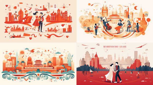 扁平化风格插画，携手谱新曲，共书蒙海情，海淀中关村标志，内蒙当地元素，北京海淀，内蒙古，政府调研活动，风格正式，明亮色调，1/3画面留白，简约线条，色彩统一，清新自然，扁平化设计，高饱和色彩，现代感，平面构图