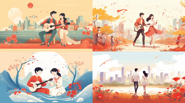 携手谱新曲，共书蒙海情，扁平化风格插画，海淀中关村标志，内蒙当地元素，政府调研活动，明亮色调，1/3画面留白，简约线条，色彩统一，清新自然，扁平化设计，高饱和色彩，现代感，平面构图，正式风格，北京海淀，内蒙古，携手，谱曲，共书，蒙海情，调研，明亮，留白，简约，清新，现代。