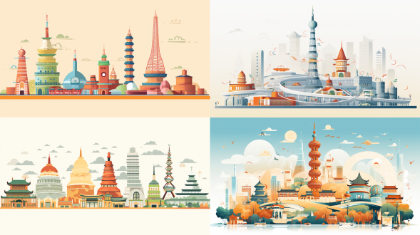 扁平化风格插画，扁平化建筑，北京海淀，内蒙古，中关村dna双螺旋结构生命雕塑，中央电视塔，中关村国际创新中心，万部华严经塔‌，宝尔汗佛塔‌，内蒙古博物馆‌，大召寺，内蒙古少数民族群众文化体育运动中心，内蒙建筑，橙色调，明亮色调，上面1/3画面留白，简约线条，色彩统一