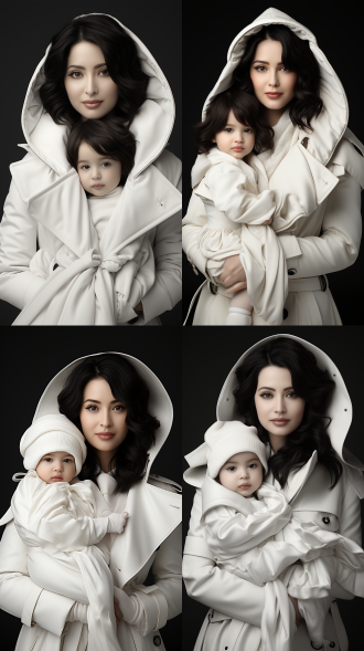 high-definition photography, leica colors, acros simulation, a chinese mother holding a baby, silk clothing, standing in front of a minimalist monochrome background. the realistic details are shown in close-up of the upper body.