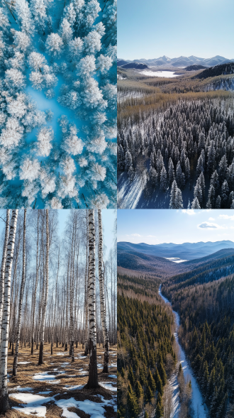 初春，早晨，天气晴朗，天空湛蓝。桦木、槭树、云杉和冷杉组成的山地针阔叶混交林。槭树、山杨树木表现为群丛状聚集分布，桦木随机分布，云杉和冷杉均勻分布，树干高大、挺拔。大地一片银装素裹，树干和树冠上堆积着雪。沿着树干空隙看出去，高山湖泊白雪覆盖，湖面宽阔、宁静，四周是美丽的山地冬日森林秘境。太阳光从树冠空隙透射入林内，形成迷人的丁达尔效应。航拍视图，高清摄影，极远景，写实。