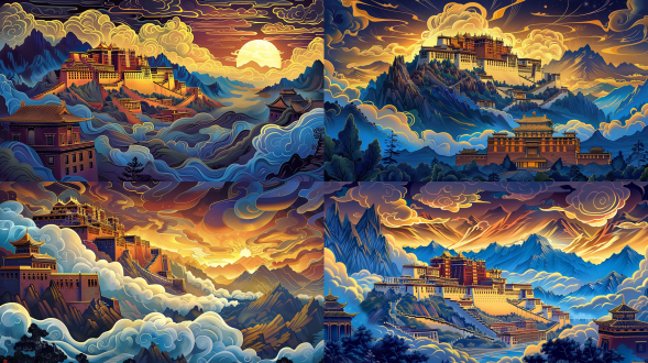 acolorful chinese-style illustration depicting the potala palacel fairyland scene withswirling clouds and winding paths forming the mainbody of the picture.the auspicious clouds and mountains are outlined in gold, creating a fairytaleike backdrop with the silhouette of traditionalchinese ancient buildings. the warm and dreamyatmosphere is dominated by purple, featuring animpressionist style,reminiscent of a dramatictheatrical poster or afractallandscape. the artworkexudes a rich sense of layering,adorned with goldenstrokes that give a gilded effect, featuringauspicious clouds, silk, a grand scene, and a three.dimensionalfeel.