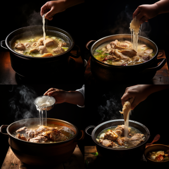 深黑色背景，大锅熬猪骨汤，热气腾腾，猪棒骨若隐若现，白条鸡漂浮，手臂拿大勺盛汤，暗色调，高光对比，厨房环境，广角镜头，顶光，慢快门，温暖，诱人。