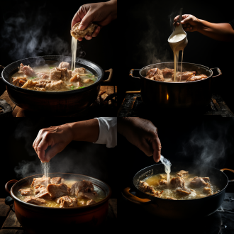 深黑色背景，铁大锅熬猪骨汤，热气腾腾，奶白色汤，猪棒骨若隐若现，手臂拿大瓢盛汤，高对比度，暖色调，广角镜头，顶光，慢快门，温馨，浓郁。