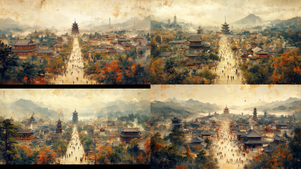 song dynasty painting of the palace city of the demon city at sea, centrally symmetrical layout, grand architecture, ancient people in traditional attire, bustling crowd, warm color scheme, panoramic view, even lighting, leisurely stroll,
