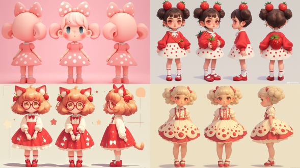 3 years old,super cute gril lp by pop mart,mockup, blind boxtoy,she wore a strawberry white qreen skirt, thereis a sea of stars in his eyes, always ready to takeyou into a fairytale world,32k uhd, vivid facialexpressions,three views, generates three viewsi.e., front view, side view, and back view, maintainsconsistency and unity, white background. 8k.best quality,
