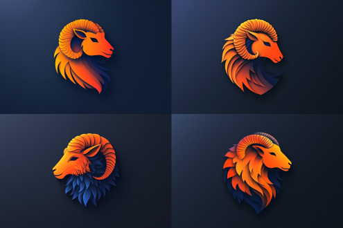 羊生肖logo，极简背景，扁平化，正负形，金属质感，对称构图，高光细节，冷色调，微距镜头，正面光，清晰锐利，现代感，神秘。