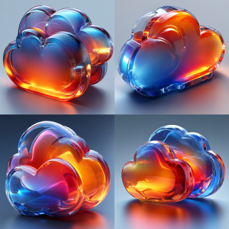 云存储的3d图标，b2b图标设计，等距视图，哑光玻璃材料，蓝色和彩虹渐变配色方案，透明的技术感，微软u1风格，