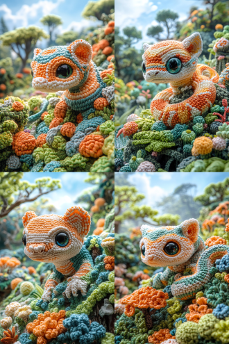 a snake is walking in the jungle, the background is grass, trees, and blue sky, the knit is detailed to look like it's made from yarn or wool, giving an artistic feel to the scene. natural light, in spring, the bright colors, the picture is simple and minimalist in modern art style, adorable, magical, super detail, high resolution
