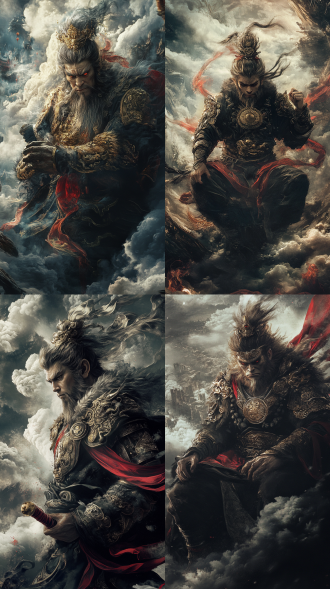 孙悟空，神秘的感觉，黑色，神话，祥云，西游记，黑化 ,视觉震撼，丰富细节，8k高清