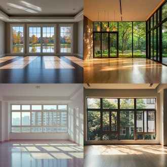 整体小区室内客厅窗户，空旷的空间。空空的空间，无光效果。明亮，平静，简洁。