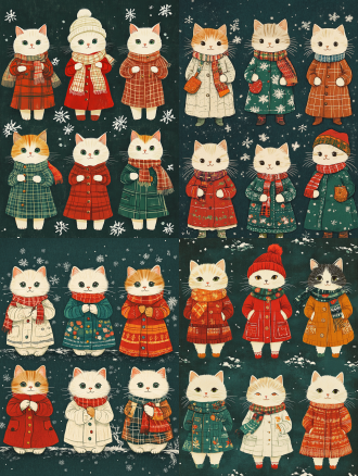 北欧插画风，全侧面，一枚枚身穿彩色小衣服的迷你长条身型可爱猫，以平面九宫格构图的形式规律排列。 贴纸 超扁平 风格派