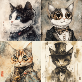 生成一张精致装扮的，甜美可爱的，少女感的，简洁装饰的，猫肖像。 蒸汽波 中国水墨